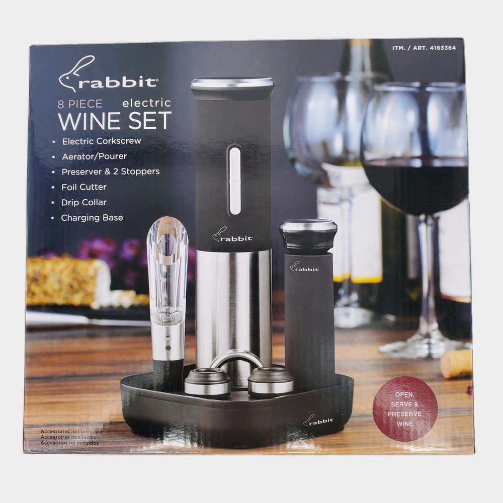 Rabbit 8 Piece Electric Wine Set Black Silver 5281028 Rechargeable Corkscrew New